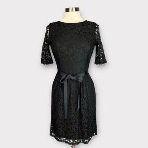 Pim Larkin Womens Black Lace Dress Short Sleeves Ribbon Belt size Small